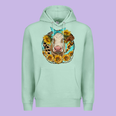 Simmental Heifer With Sunflowers And Leopard Premium Hoodie Designed By Lillyallendesigns