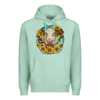 Seafoam simmental heifer with sunflowers and leopard Premium Hoodie - LillyAllenDesigns