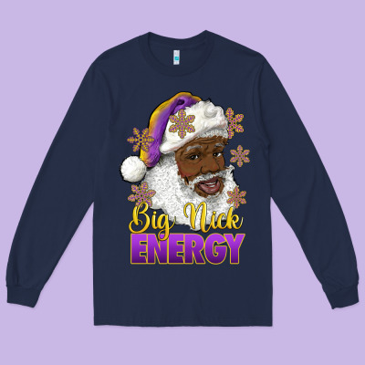 Long Sleeve Tee big nick energy purple and gold afro santa
