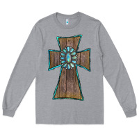 Heather Grey Wood Turquoise Gemstone Cross Long Sleeve Tee - RanaPortraitStore