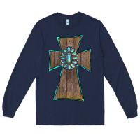Navy Wood Turquoise Gemstone Cross Long Sleeve Tee - RanaPortraitStore