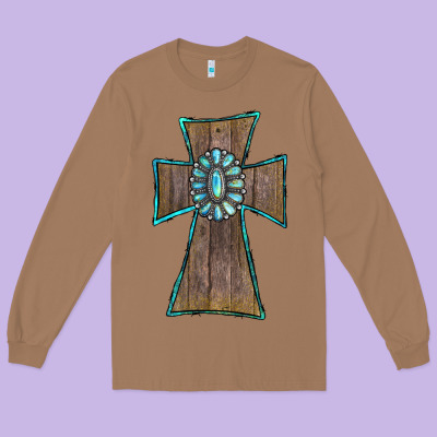 Long Sleeve Tee Wood Turquoise Gemstone Cross