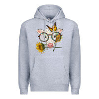 Heather Grey charolais calf with sunflowers and butterfly Premium Hoodie - LillyAllenDesigns