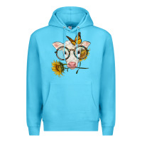 Ocean Blue charolais calf with sunflowers and butterfly Premium Hoodie - LillyAllenDesigns