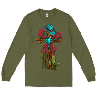 Army Green Gemstone Cross With Cactus Long Sleeve Tee - RanaPortraitStore