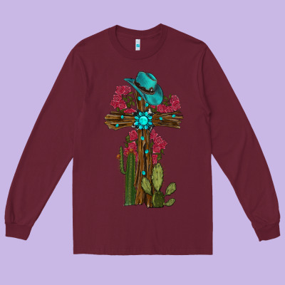 Long Sleeve Tee Gemstone Cross With Cactus