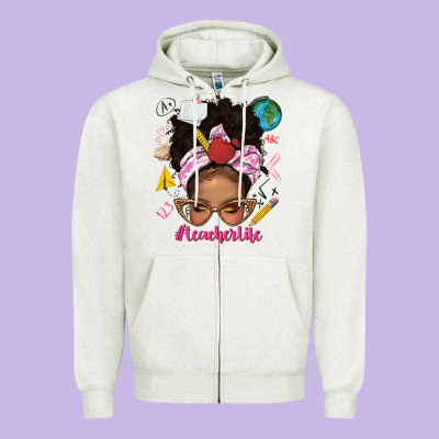 Afro Messy Bun Teacherlife Zipper Hoodie Designed By Texasbilliewilder