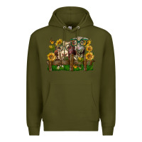 Army Green hereford bull and heifer with sunflowers Premium Hoodie - LillyAllenDesigns