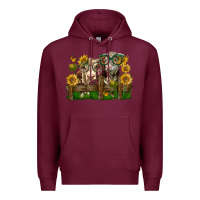 Burgundy hereford bull and heifer with sunflowers Premium Hoodie - LillyAllenDesigns