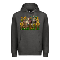 Charcoal Heather hereford bull and heifer with sunflowers Premium Hoodie - LillyAllenDesigns