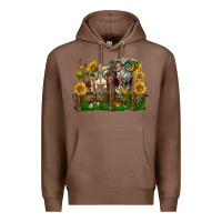 Chestnut hereford bull and heifer with sunflowers Premium Hoodie - LillyAllenDesigns
