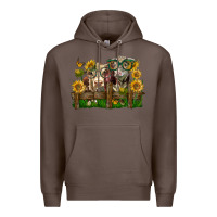 Coffee hereford bull and heifer with sunflowers Premium Hoodie - LillyAllenDesigns