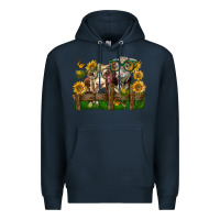Navy hereford bull and heifer with sunflowers Premium Hoodie - LillyAllenDesigns