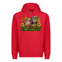 Red hereford bull and heifer with sunflowers Premium Hoodie - LillyAllenDesigns