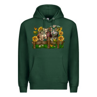 Sports Green hereford bull and heifer with sunflowers Premium Hoodie - LillyAllenDesigns