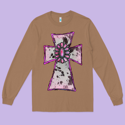 Long Sleeve Tee Cowhide Pink Gemstone Cross