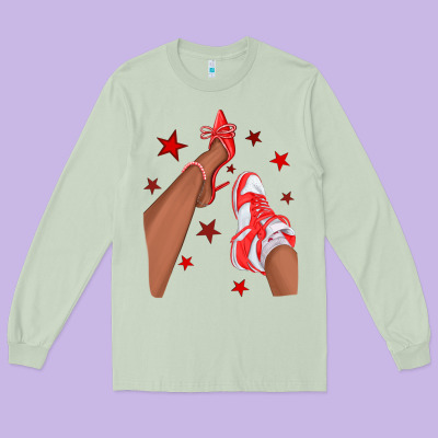 Bright Red Afro Girl Sneakers And Heels Long Sleeve Tee Designed By Texasbilliewilder
