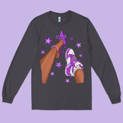 Purple Afro Girl Sneakers And Heels Long Sleeve Tee Designed By Texasbilliewilder