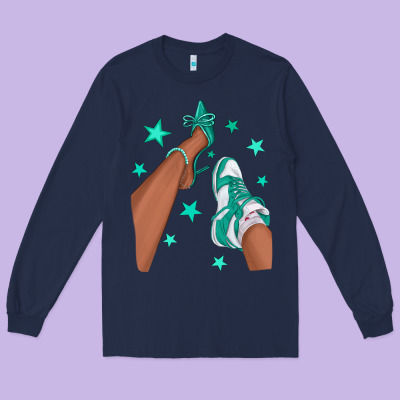 Teal Afro Girl Sneakers And Heels Long Sleeve Tee Designed By Texasbilliewilder