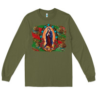 Army Green Mexican Flag Lady Of Guadalupe Distressed Backgrou Long Sleeve Tee - RanaPortraitStore