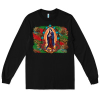 Black Mexican Flag Lady Of Guadalupe Distressed Backgrou Long Sleeve Tee - RanaPortraitStore