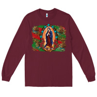 Burgundy Mexican Flag Lady Of Guadalupe Distressed Backgrou Long Sleeve Tee - RanaPortraitStore