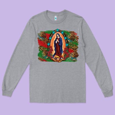 Long Sleeve Tee Mexican Flag Lady Of Guadalupe Distressed Backgrou