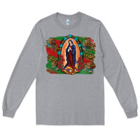 Heather Grey Mexican Flag Lady Of Guadalupe Distressed Backgrou Long Sleeve Tee - RanaPortraitStore