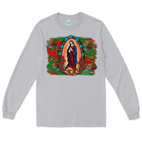 Moon Dust Mexican Flag Lady Of Guadalupe Distressed Backgrou Long Sleeve Tee - RanaPortraitStore