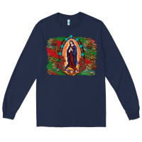 Navy Mexican Flag Lady Of Guadalupe Distressed Backgrou Long Sleeve Tee - RanaPortraitStore