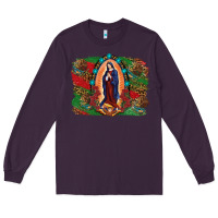 Plum Mexican Flag Lady Of Guadalupe Distressed Backgrou Long Sleeve Tee - RanaPortraitStore