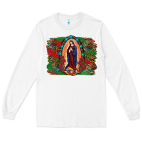 White Mexican Flag Lady Of Guadalupe Distressed Backgrou Long Sleeve Tee - RanaPortraitStore