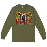Army Green Sunflower Lady Of Guadalupe Distressed Background Long Sleeve Tee - RanaPortraitStore