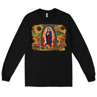Black Sunflower Lady Of Guadalupe Distressed Background Long Sleeve Tee - RanaPortraitStore