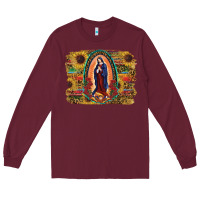 Burgundy Sunflower Lady Of Guadalupe Distressed Background Long Sleeve Tee - RanaPortraitStore