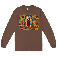 Chestnut Sunflower Lady Of Guadalupe Distressed Background Long Sleeve Tee - RanaPortraitStore