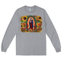 Heather Grey Sunflower Lady Of Guadalupe Distressed Background Long Sleeve Tee - RanaPortraitStore