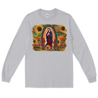 Sunflower Lady Of Guadalupe Distressed Background Long Sleeve Tee | Teevron