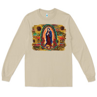 Mushroom Sunflower Lady Of Guadalupe Distressed Background Long Sleeve Tee - RanaPortraitStore