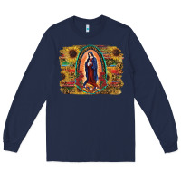 Navy Sunflower Lady Of Guadalupe Distressed Background Long Sleeve Tee - RanaPortraitStore