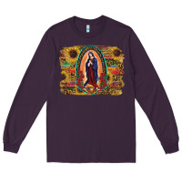 Plum Sunflower Lady Of Guadalupe Distressed Background Long Sleeve Tee - RanaPortraitStore