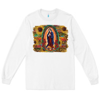 White Sunflower Lady Of Guadalupe Distressed Background Long Sleeve Tee - RanaPortraitStore