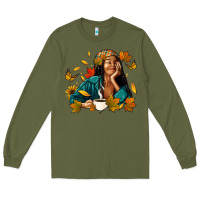 Army Green Fall afro woman with coffee Long Sleeve Tee - RanaPortraitStore