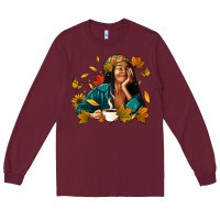 Burgundy Fall afro woman with coffee Long Sleeve Tee - RanaPortraitStore