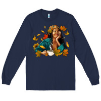 Navy Fall afro woman with coffee Long Sleeve Tee - RanaPortraitStore