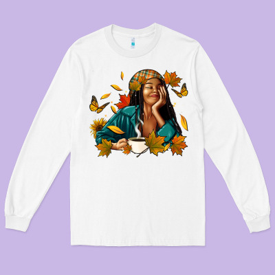 Long Sleeve Tee Fall afro woman with coffee