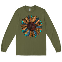 Army Green Fall Tooled Leather Sunflower Long Sleeve Tee - RanaPortraitStore