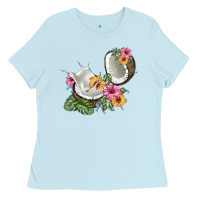 Baby Blue coconut with tropical leavers and flowers Ladies Tee - BarkalooDesign