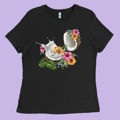 Coconut With Tropical Leavers And Flowers Ladies Tee Designed By Barkaloodesign