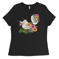 Black coconut with tropical leavers and flowers Ladies Tee - BarkalooDesign